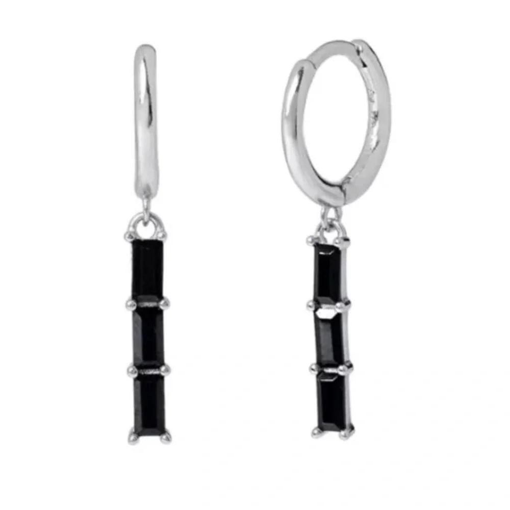 Silver Black Crystal Dangle Hoop Earrings
